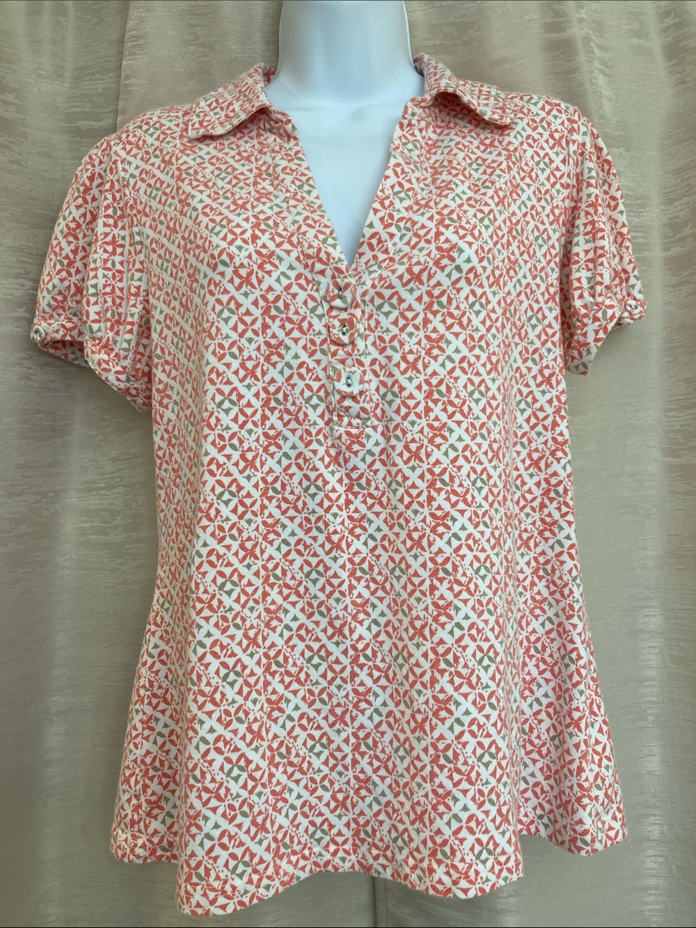 Sonoma Womens Coral and Light Gray Geo-Print Short Sleeve Polo Top size Large